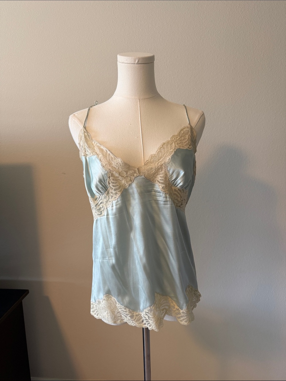 Banana Republic Light Blue Satin Camisole with Cream Lace Trim